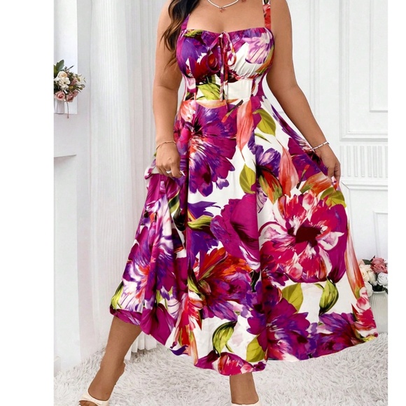 Plus Vibrant Floral Print Stretchy Waist Dress - Picture 2 of 4